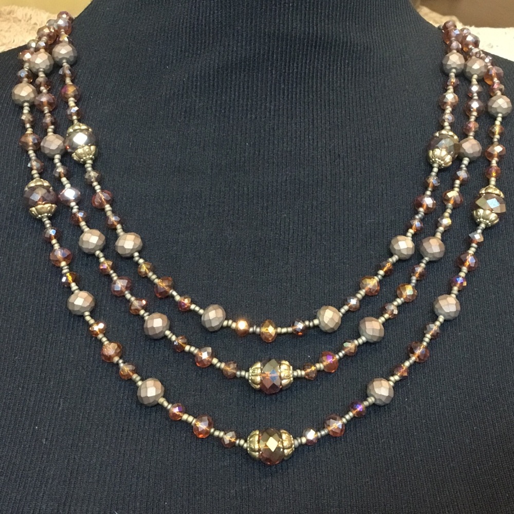VINTAGE Faceted Amber Crystal & Copper Beads 3-Strand Gold Hardware Necklace